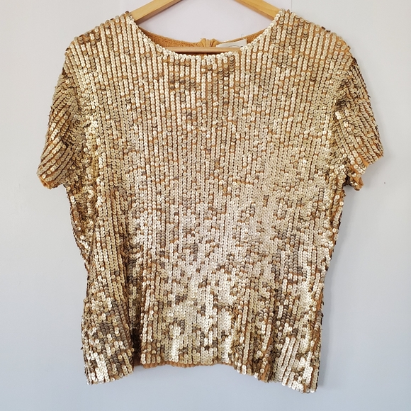 VINTAGE OSCAR DE LA RENTA Sz L Gold Sequin Short Sleeve Sweater Top Zip GLITZY - Picture 4 of 16